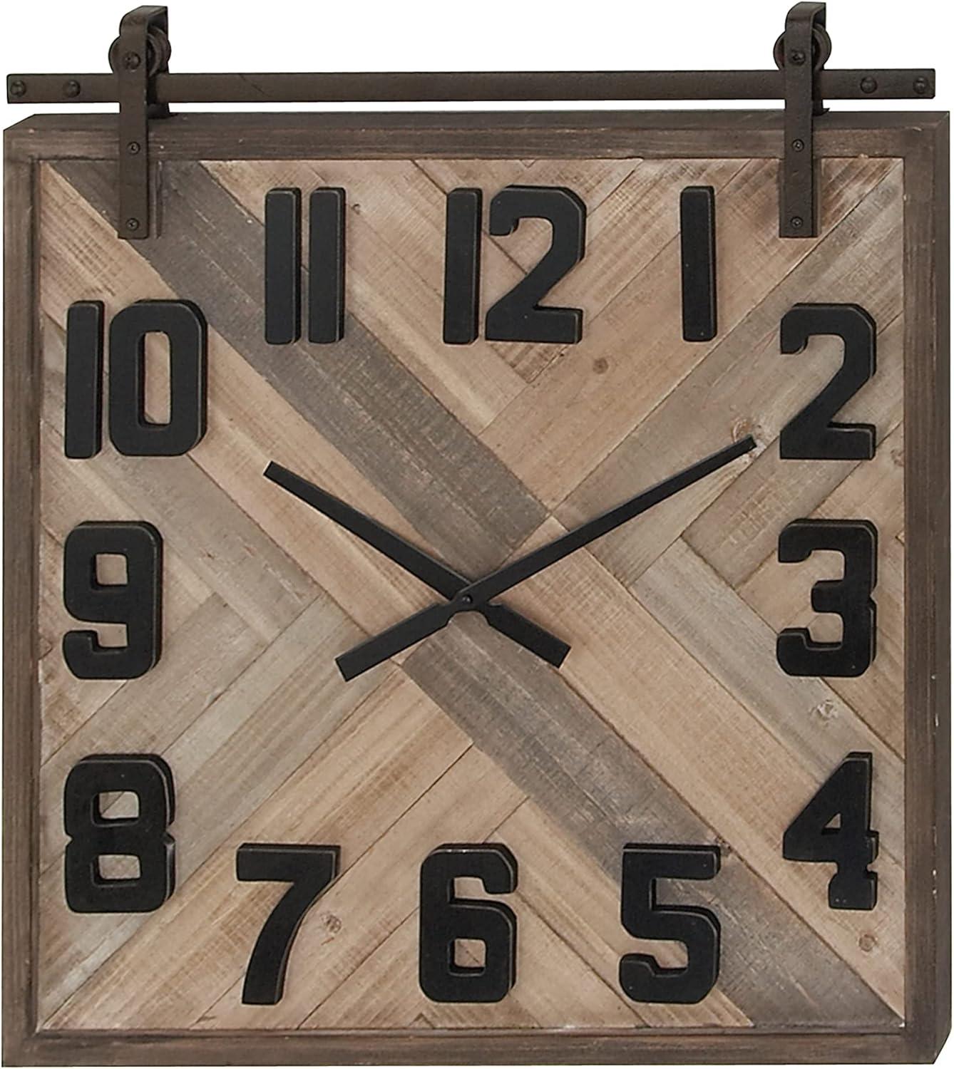 DecMode Industrial Wood Sculpted Wall Clock with Weave Pattern and Brown Finish, 24"W x 27"H