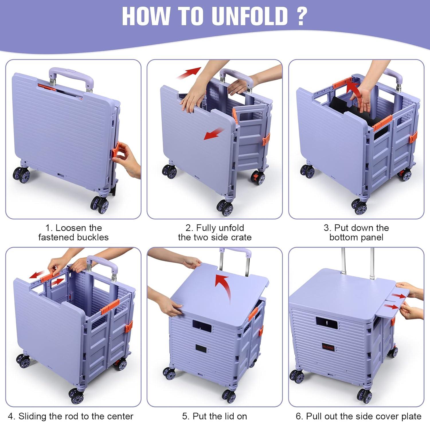 Folding Utility Cart Portable Rolling Crate Handcart with Magnetic Sliding Lid Telescoping Handle Heavy Duty Plastic Box Dolly 360Swivel Wheels for Travel Shopping Move Office Use(Purple Pro)