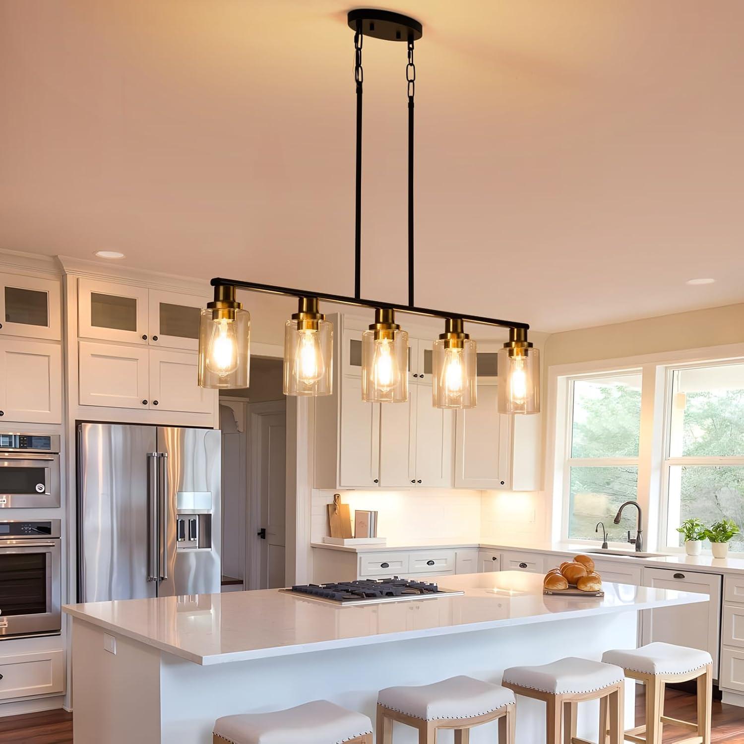 Modern Black and Brass 5-Light Island Chandelier with Glass Shades