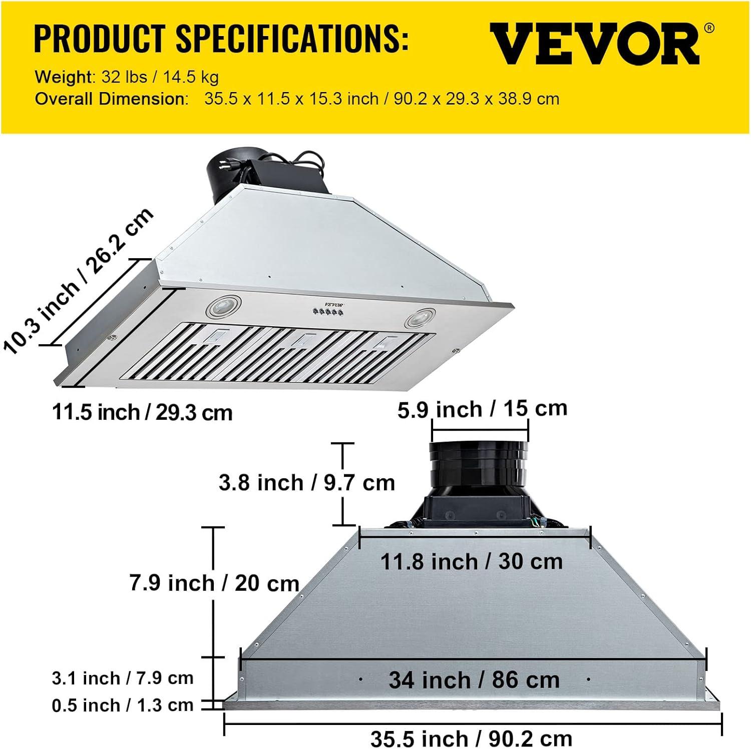 VEVOR 800 CFM 3 Speed 36 inch Ducted Insert Range Hood with Charcoal Filter and Light