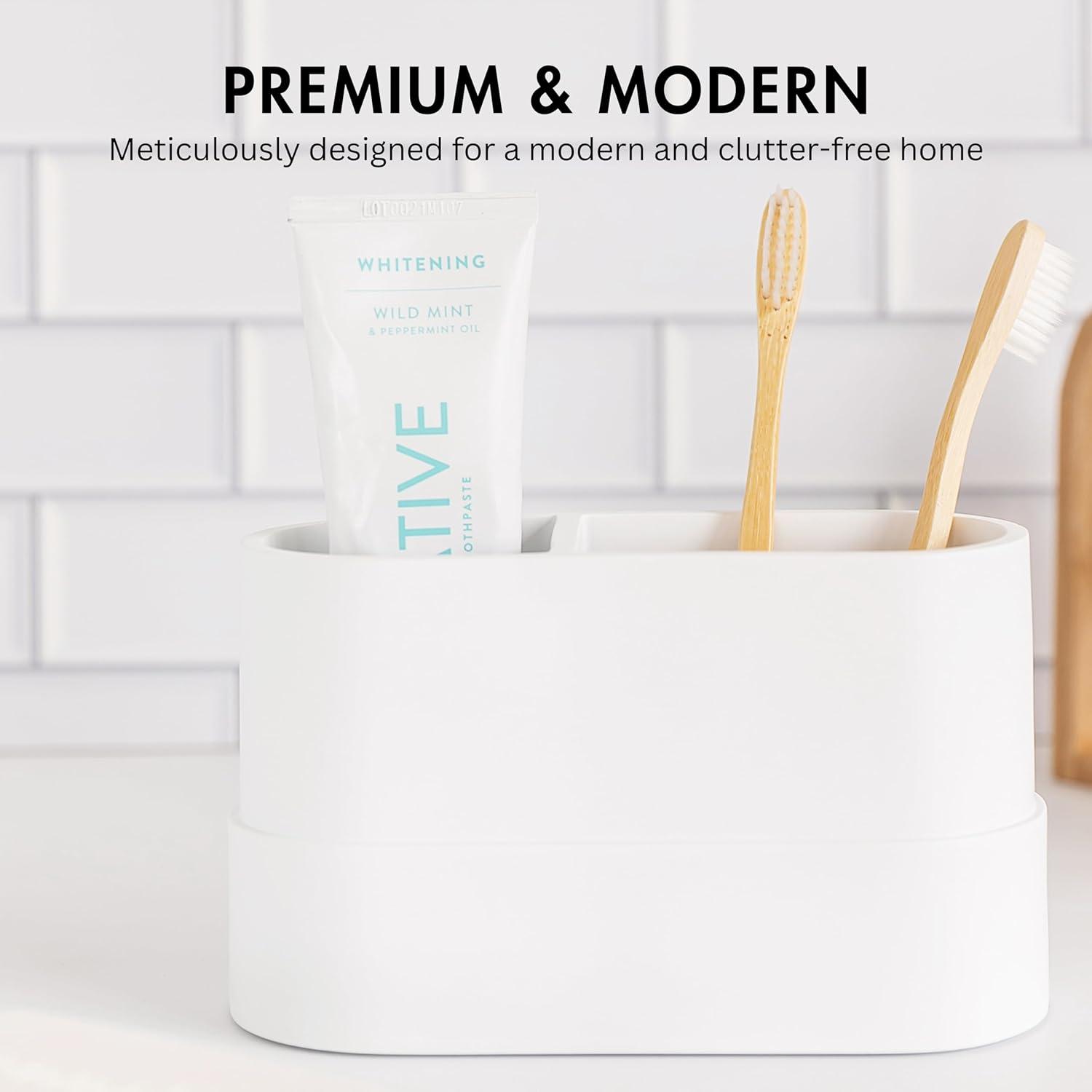 Matte White Resin Toothbrush and Toothpaste Holder with Rubber Pads