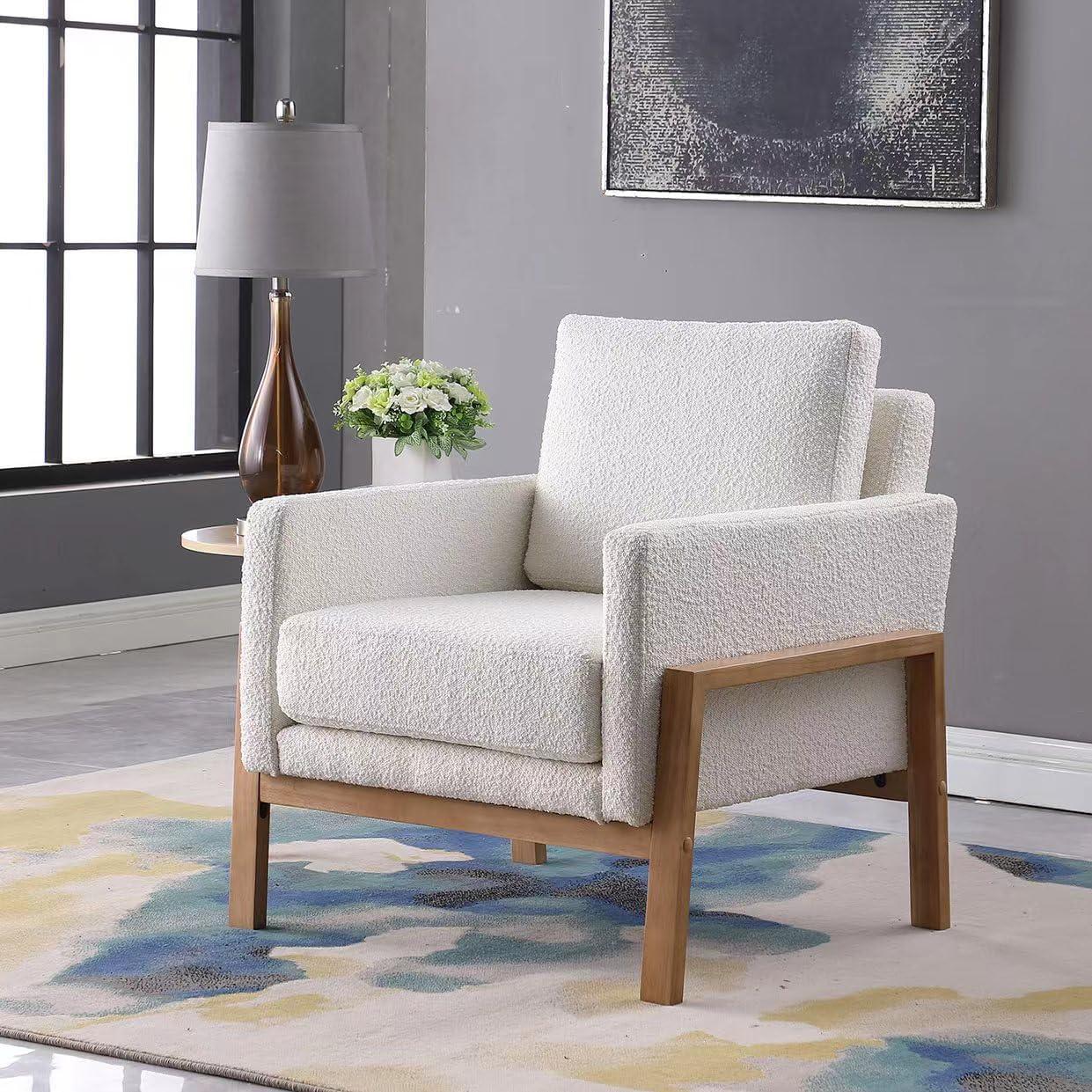 Cream White Boucle Wood Frame Accent Chair