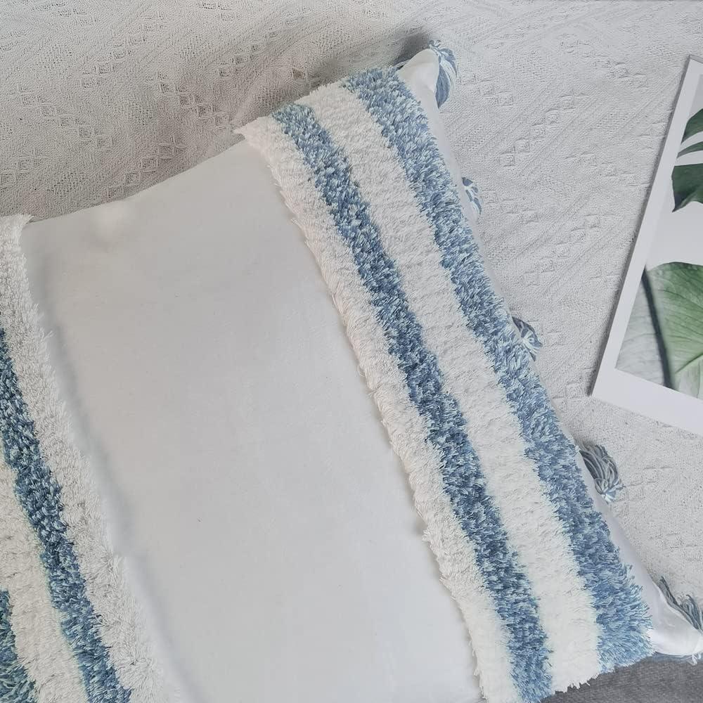White and Blue Boho Tufted Velvet Pillow Covers with Tassels, 18"x18", Set of 2