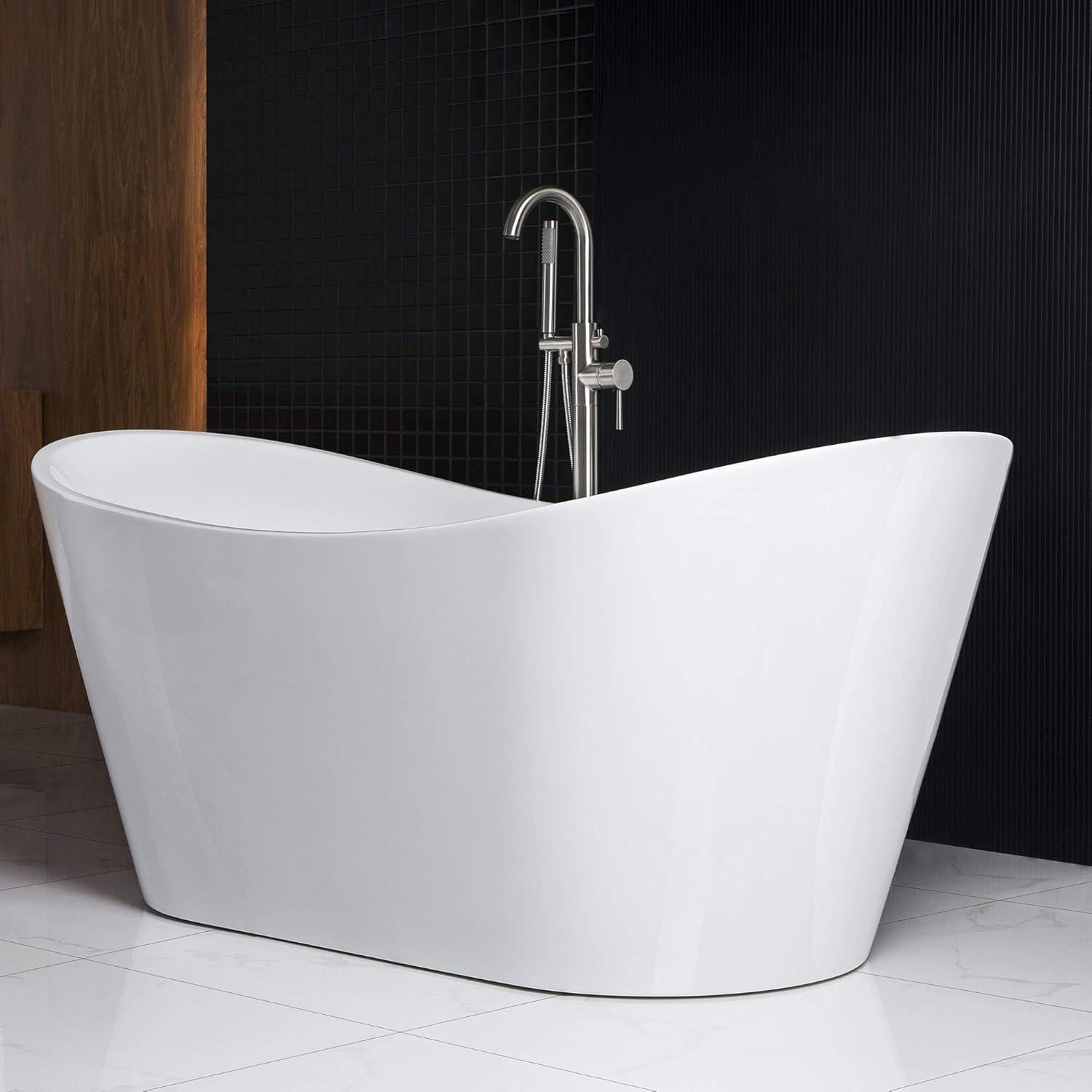 71'' White Acrylic Freestanding Soaking Bathtub with Brushed Nickel Drain