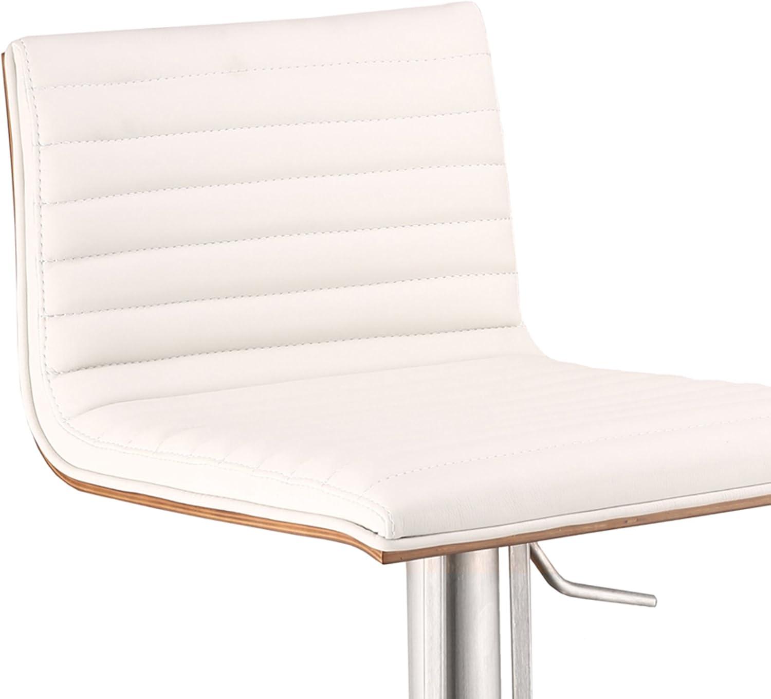 Armen Living Indoor Café Adjustable Height Swivel White Faux Leather and Walnut Bar Stool with Brushed Stainless Steel Base