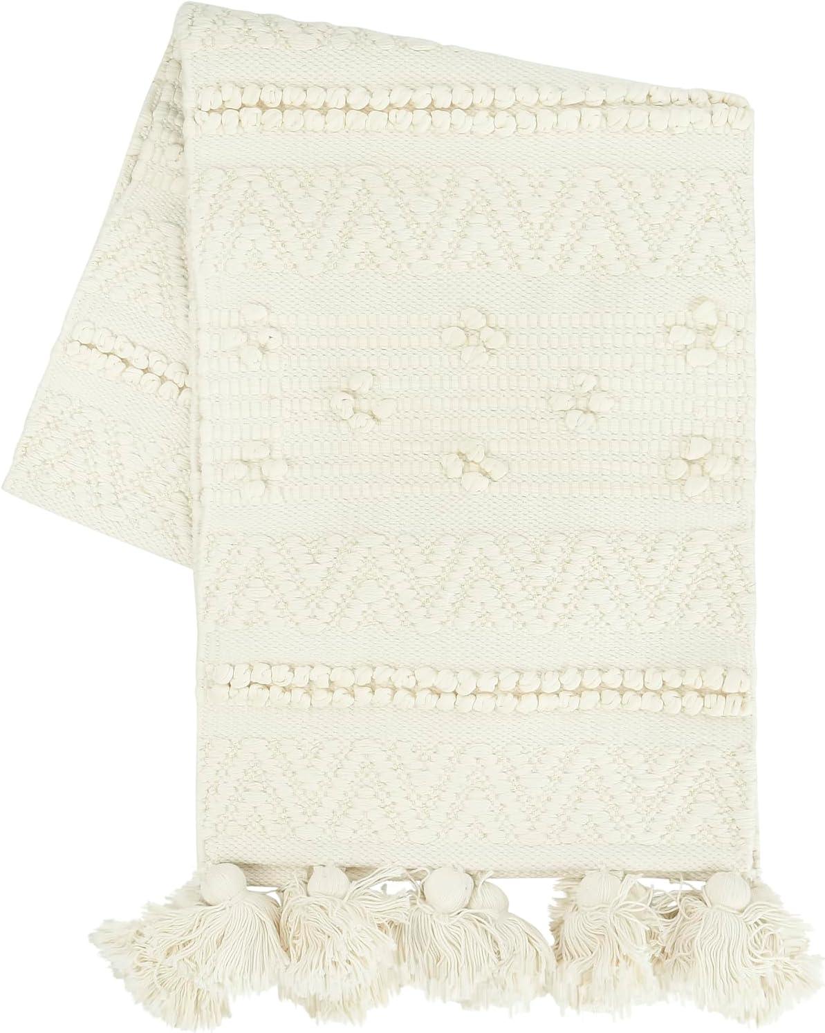 Cream Woven Cotton Table Runner with Pom Poms and Tassels