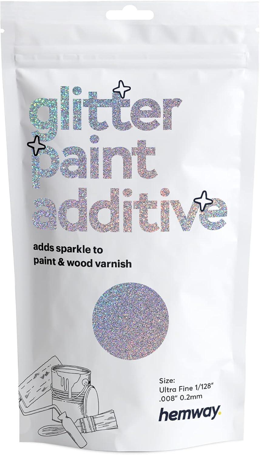 Hemway Glitter Paint Additive Crystals for Acrylic Emulsion Paint, Interior & Exterior Walls, Wood, Varnish, Matt, Gloss, Furniture 100g / 3.5oz - Ultrafine (1/128" 0.008" 0.2mm) - Silver Holographic