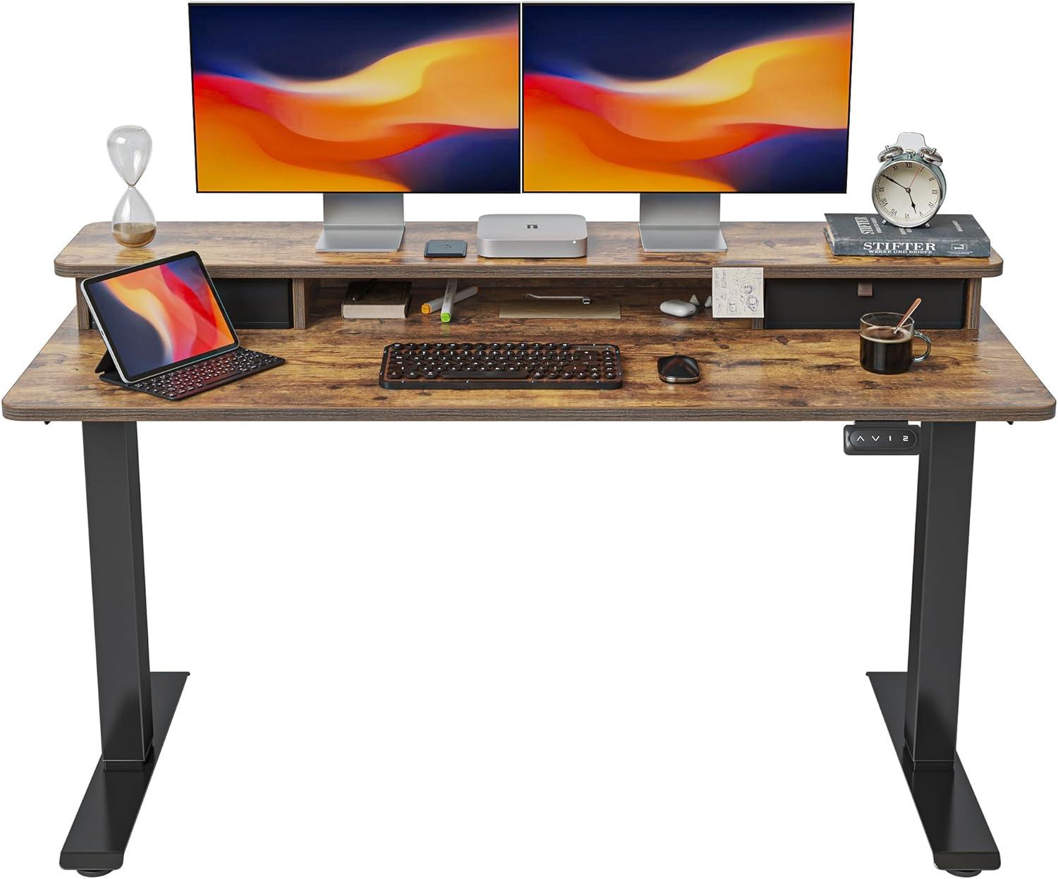 Rustic Brown Adjustable Height Standing Desk with Drawers and Shelf