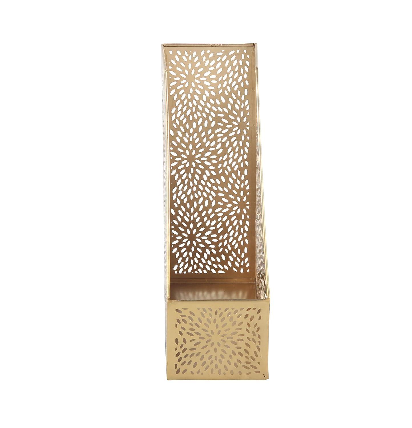 CosmoLiving by Cosmopolitan 12" Gold Metal Single Slot Magazine Holder with Laser Carved Floral Design