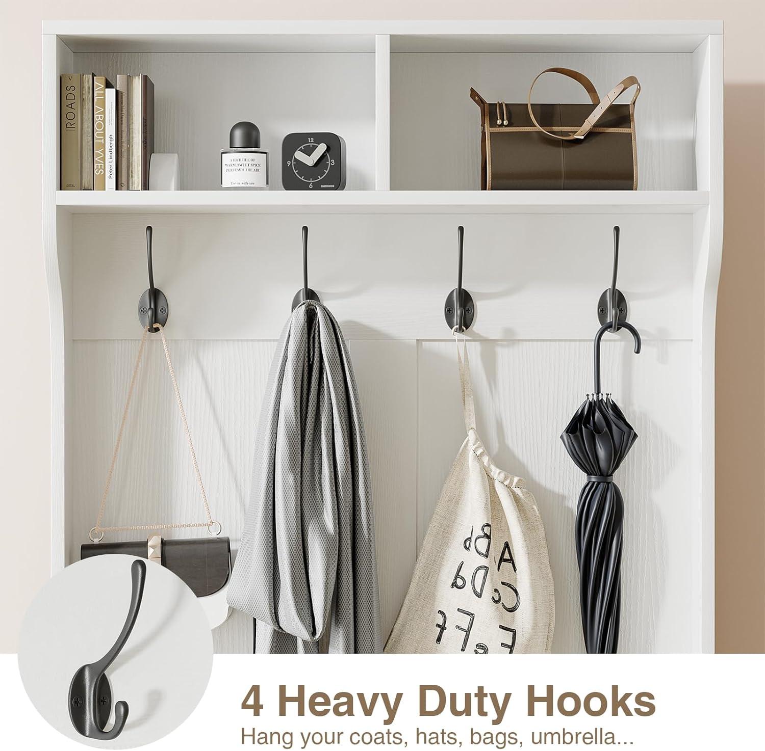 Anmytek Hall Tree with Bench and Shoe Storage, Entryway Coat Rack with 6 Compartments 4 Hooks & Rattan Door, Shoe Storage Bench with Soft Cushion for Hallway, Living Room, Mudroom