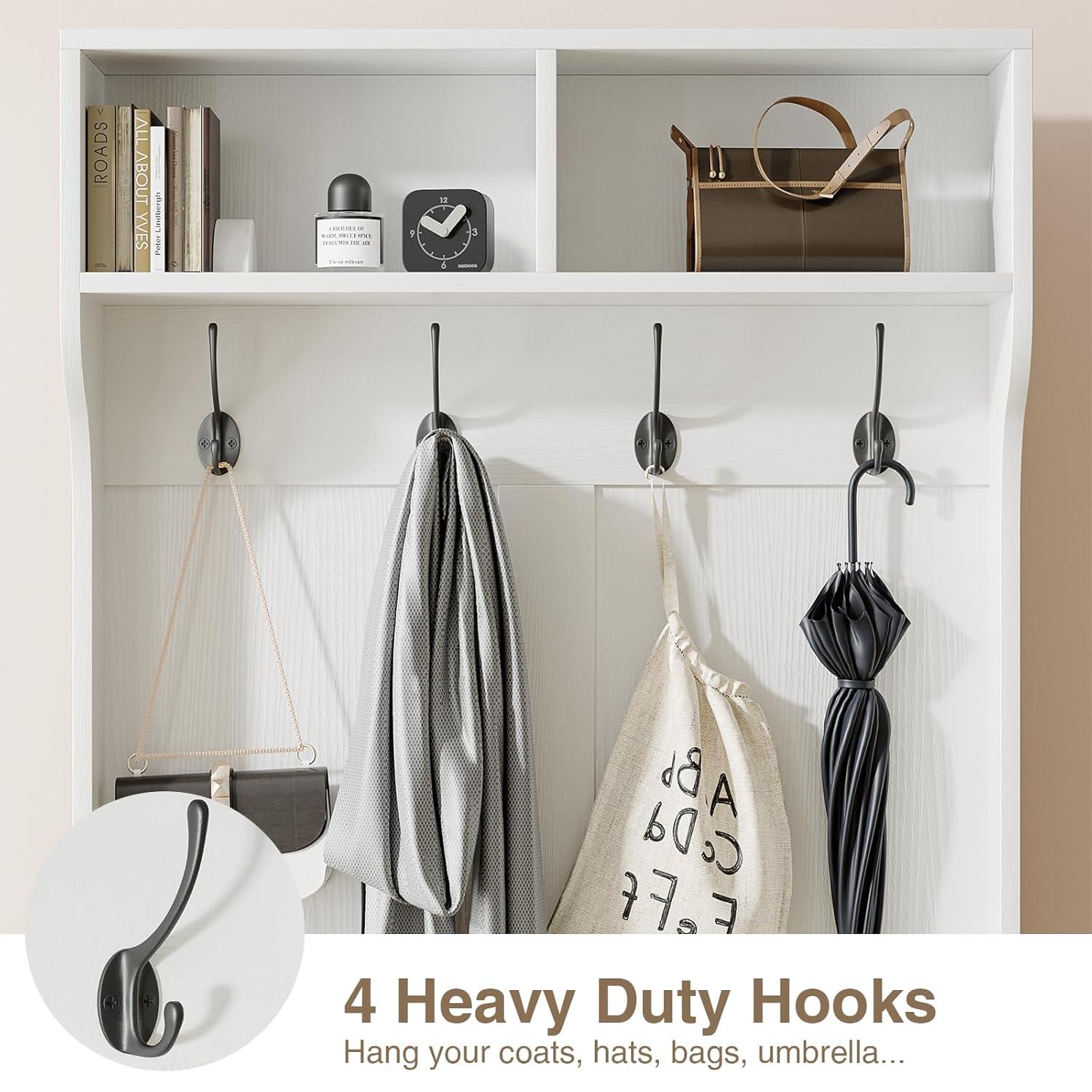 Anmytek Hall Tree with Bench and Shoe Storage, Entryway Coat Rack with 6 Compartments 4 Hooks & Rattan Door, Shoe Storage Bench with Soft Cushion for Hallway, Living Room, Mudroom