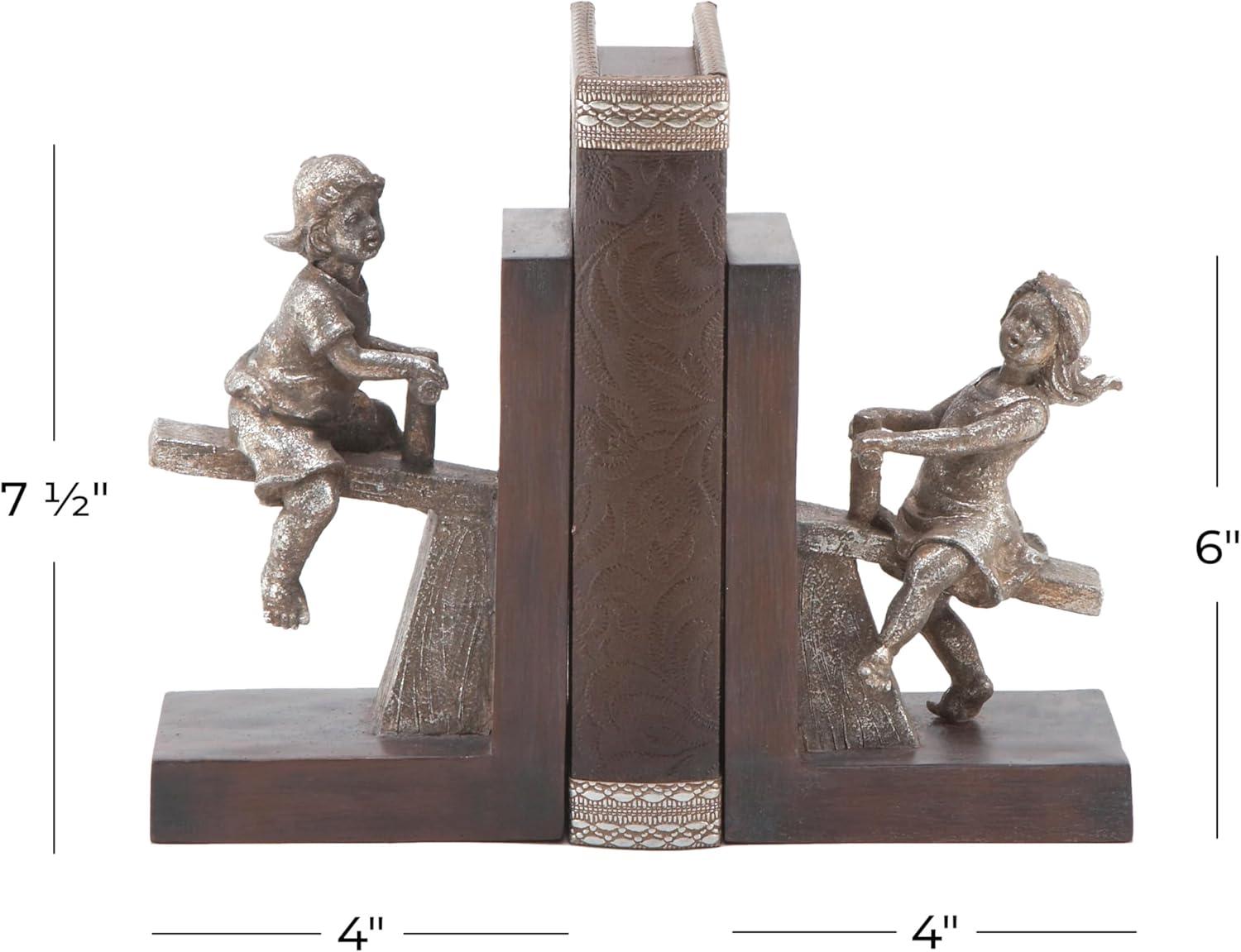 DecMode 4" People Brown Polystone Bookends with Swing Set (Set of 2)