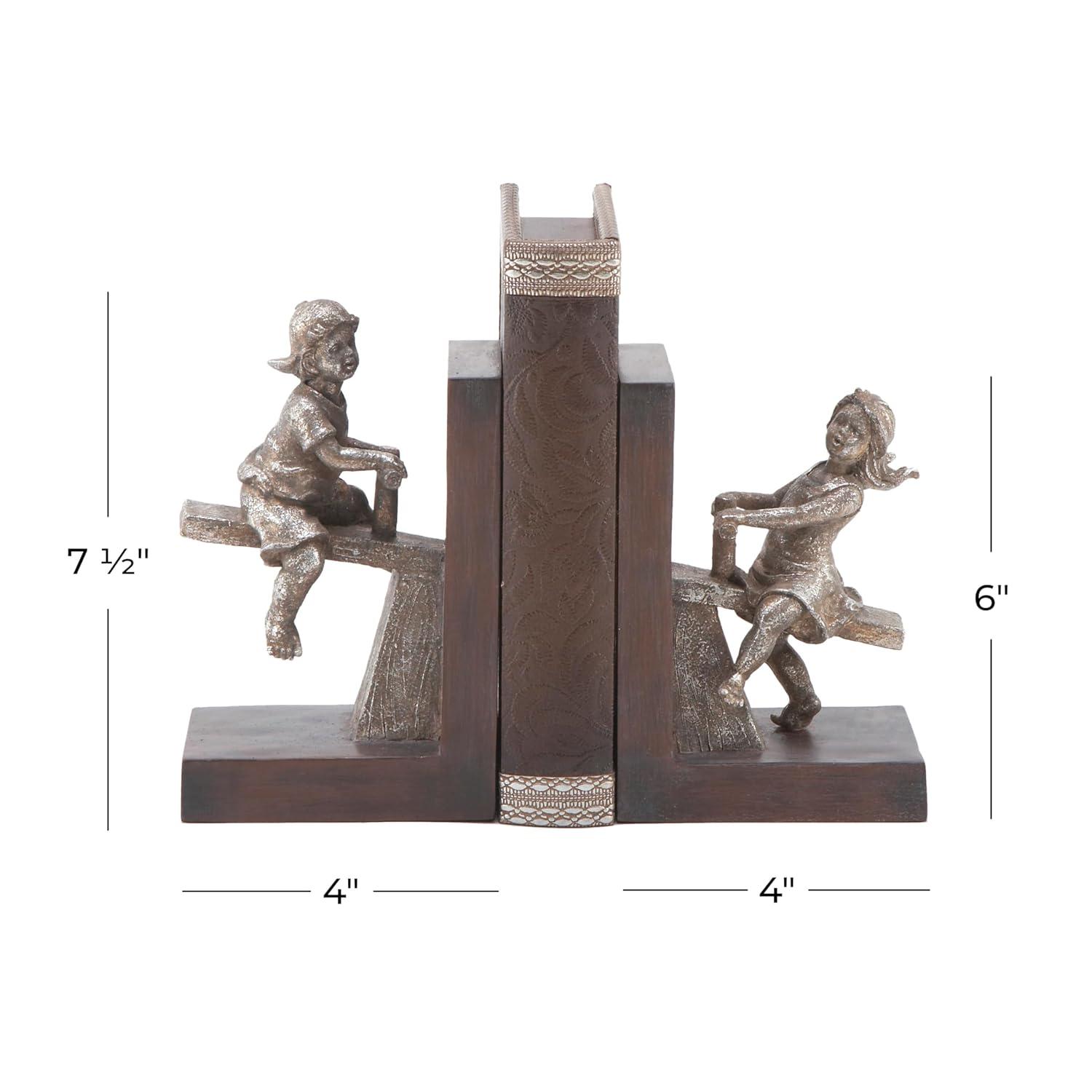 DecMode 4" People Brown Polystone Bookends with Swing Set (Set of 2)