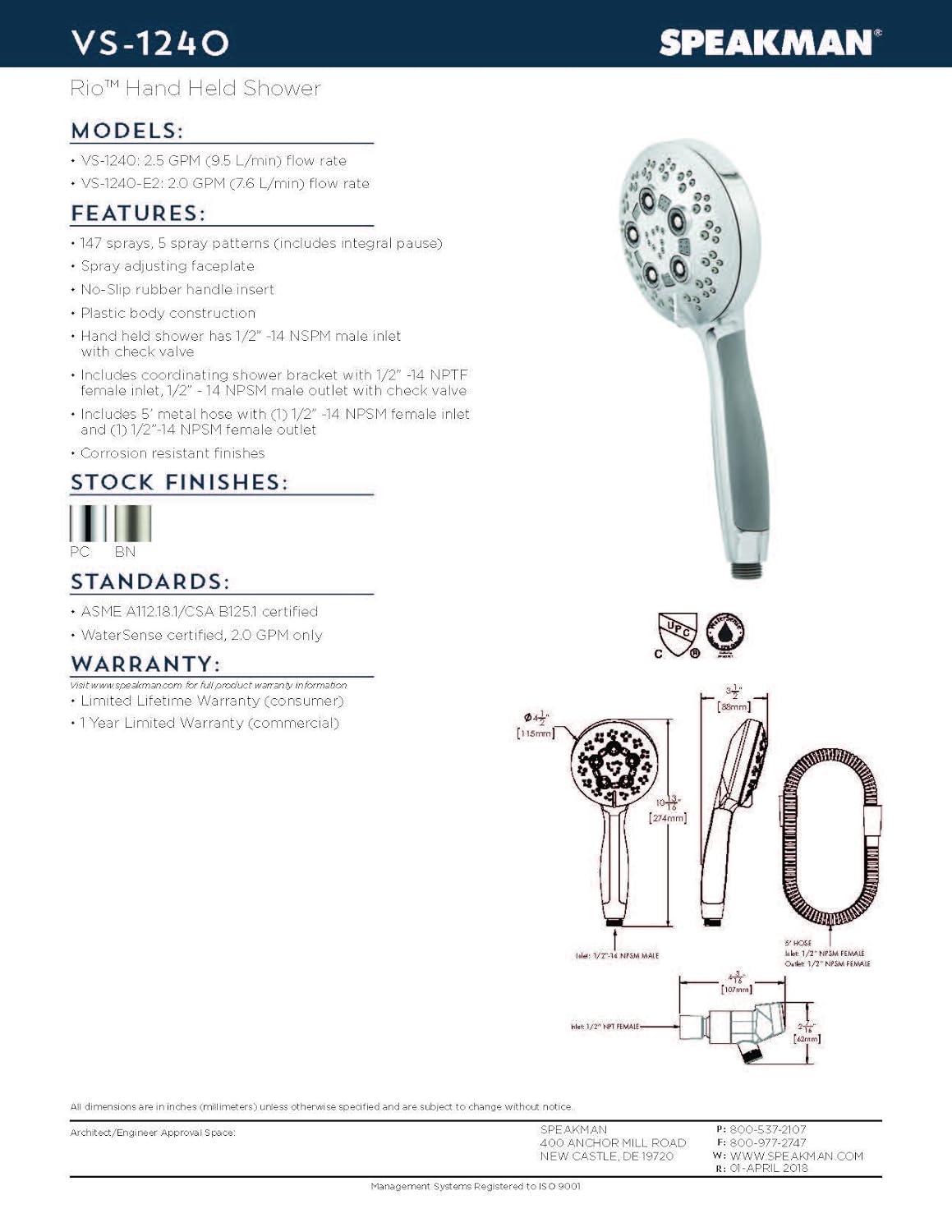 Speakman Rio Multi-Function Handheld Shower Head, 2.5 GPM, Polished Chrome