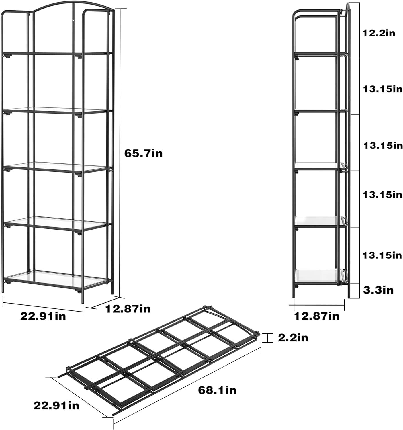 No Assembly Folding Bookshelf, 5 Tier Black Bookshelf, Metal Book Shelf for Storage, Folding Bookcase for Office Organization and Storage, 12.87" D x 22.91" W x 68.1" H