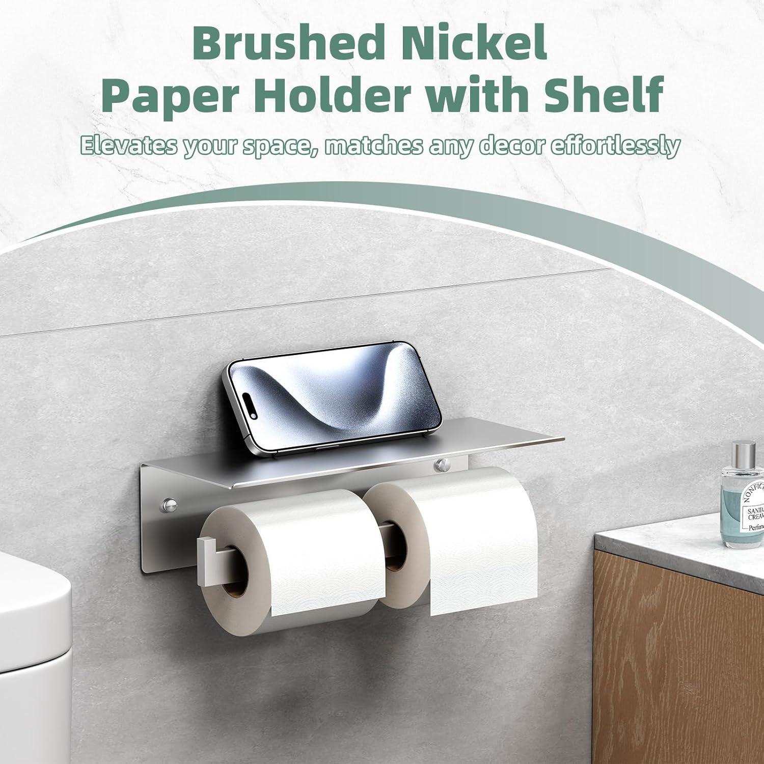 Double Toilet Paper Holder with Shelf Brushed Nickel, Modern Bathroom Accessories SUS 304 Stainless Steel Commercial Tissue Roll Dispenser Mobile Phone Storage Rack Handy Use
