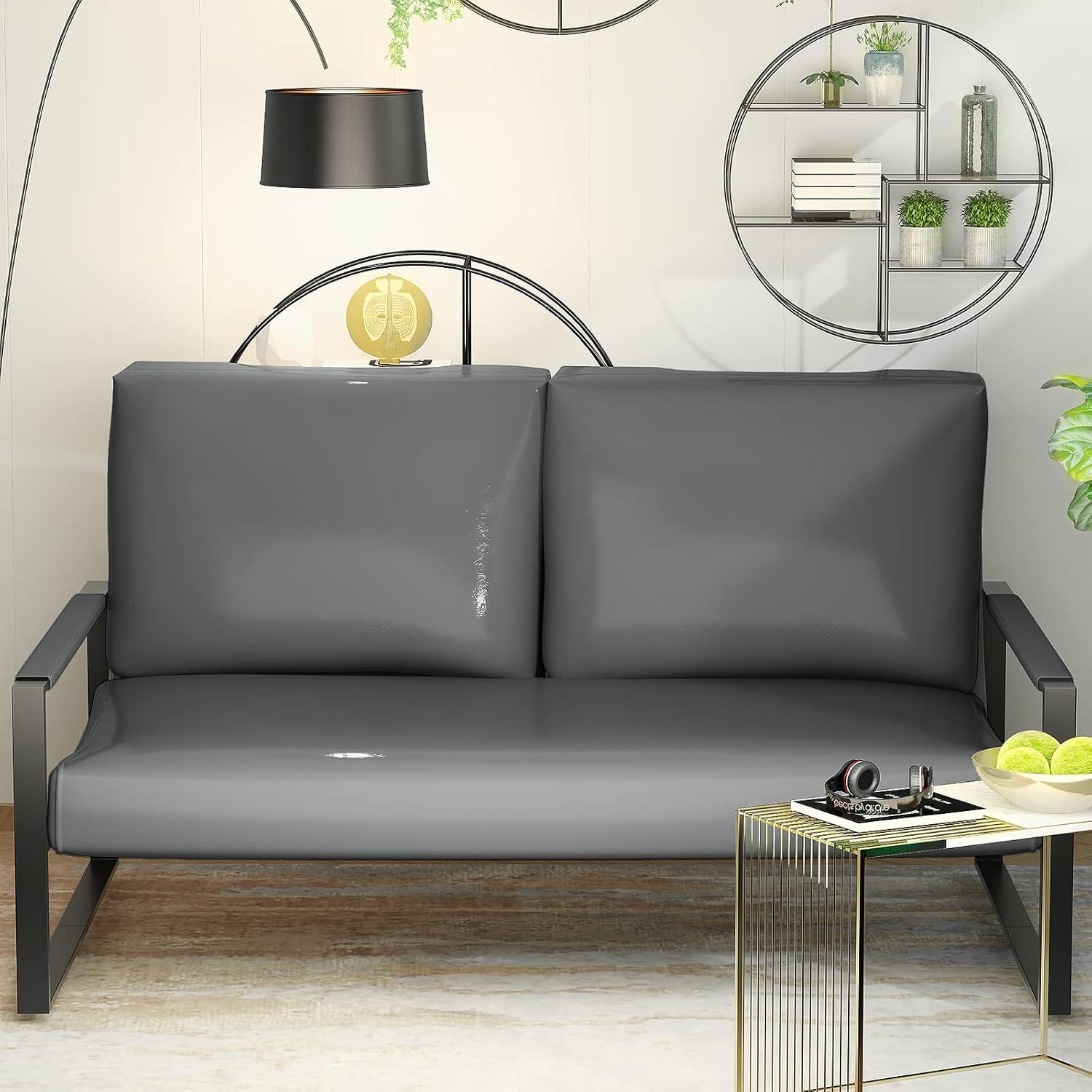 Grey Faux Leather Mid-Century Modern Loveseat with Metal Frame
