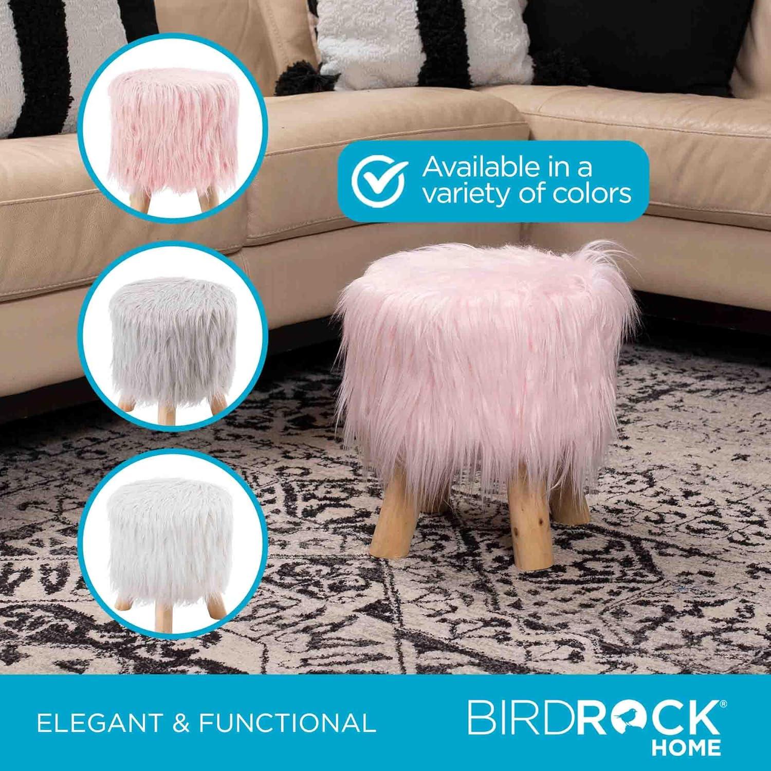 BirdRock Home Faux Fur Foot Stool Ottoman with Wood Legs - Pink