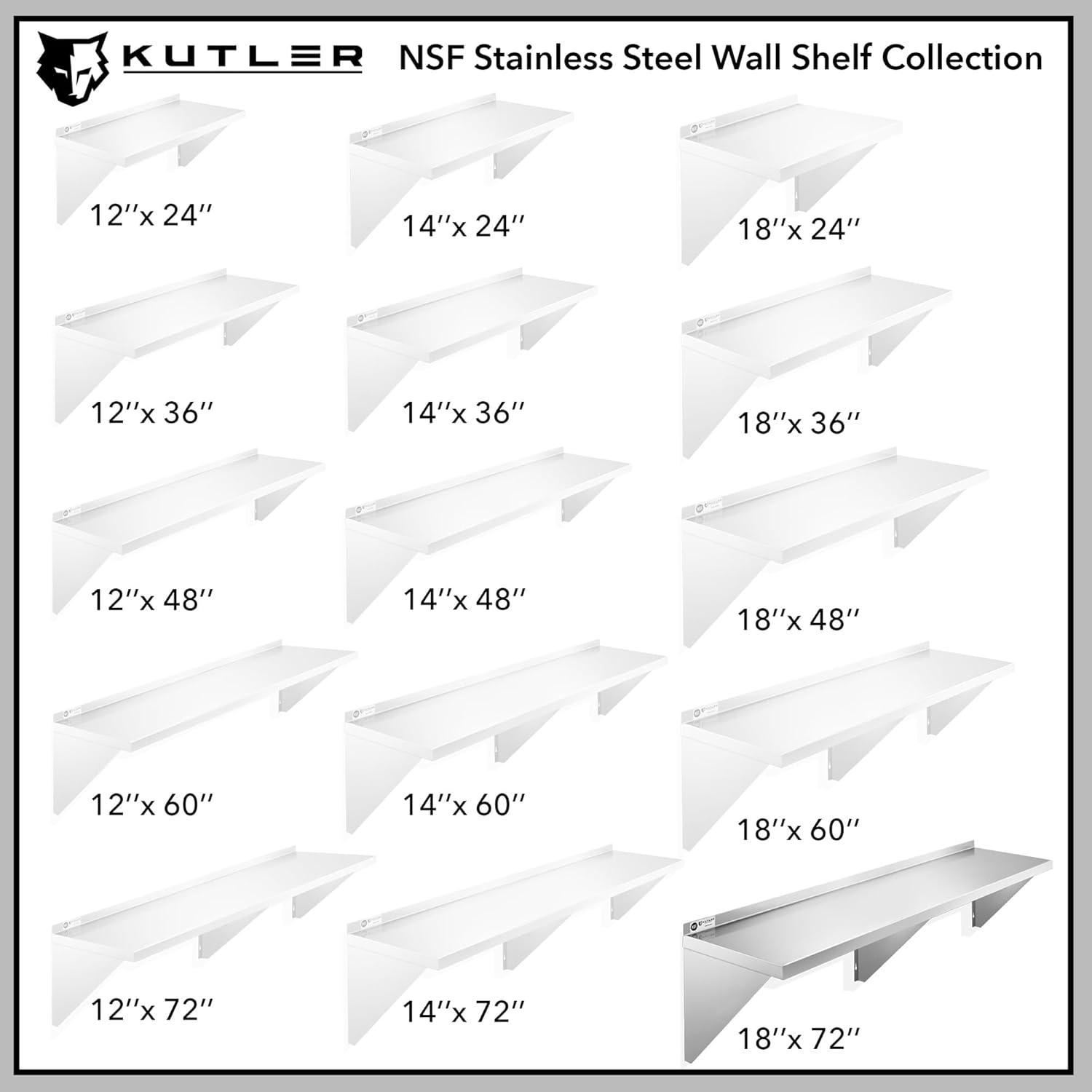 KUTLER Stainless Steel Shelf, NSF Commercial Wall Mount Shelves w/ Backsplash, Floating Metal Mounted Shelving for Restaurant, Kitchen, Home