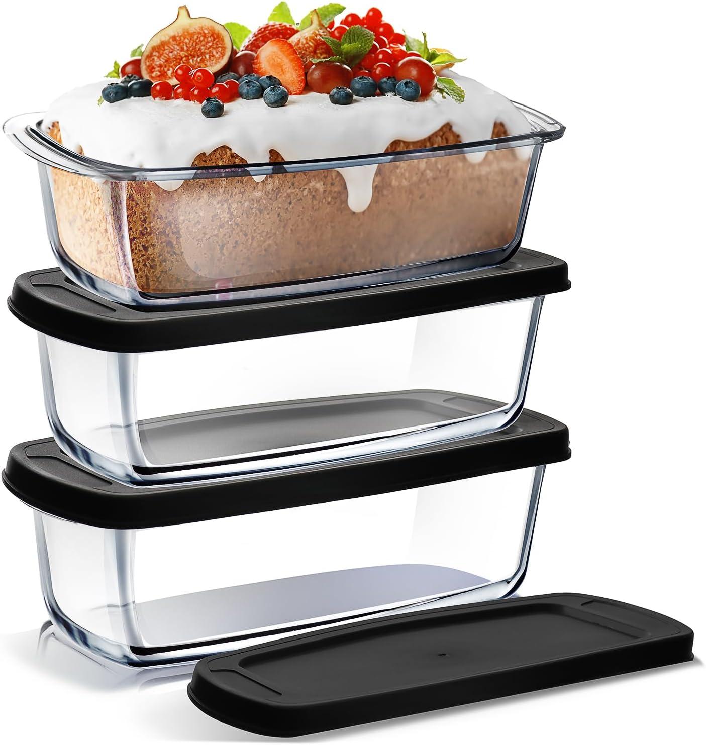 JoyJolt Glass Bakeware Containers for Loaf,  Bread, Cakes Pans Baking Containers with Lids - Set of 3 - Black