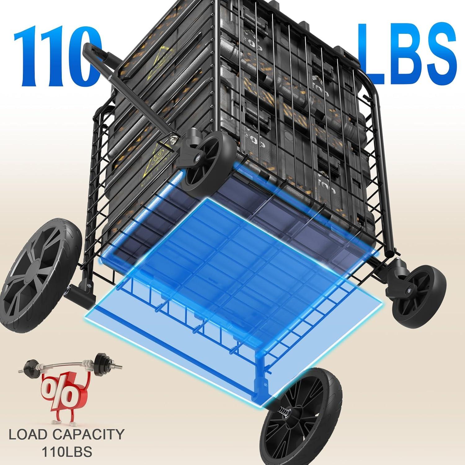 Black Metal Folding Utility Cart with 360° Swivel Wheels