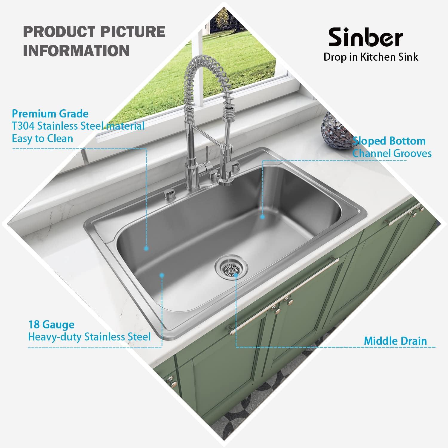 Sinber 33" x 22" Drop In Single Bowl Kitchen Sink with 18 Gauge 304 Stainless Steel Satin Finish