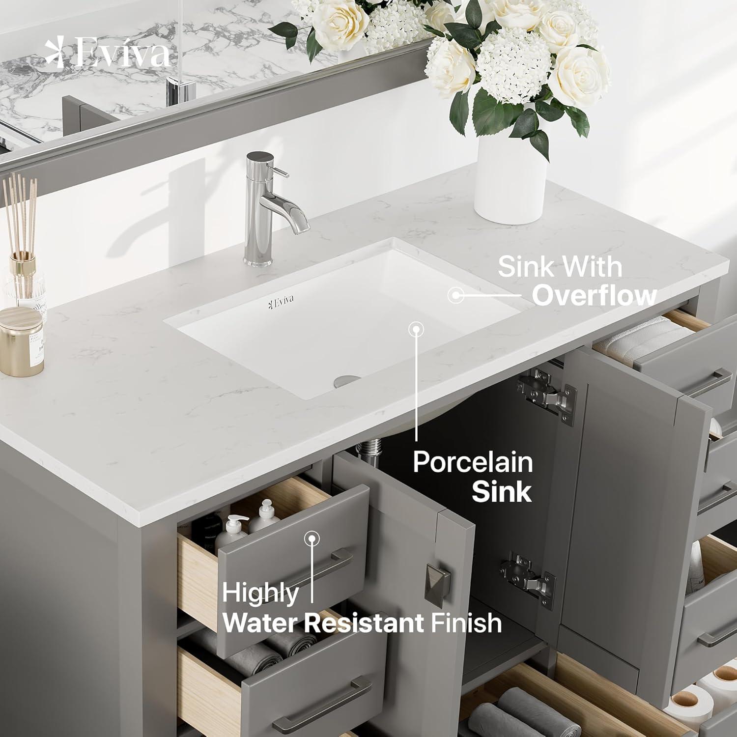 Eviva London 48" Transitional Gray bathroom vanity with white Carrara marble countertop