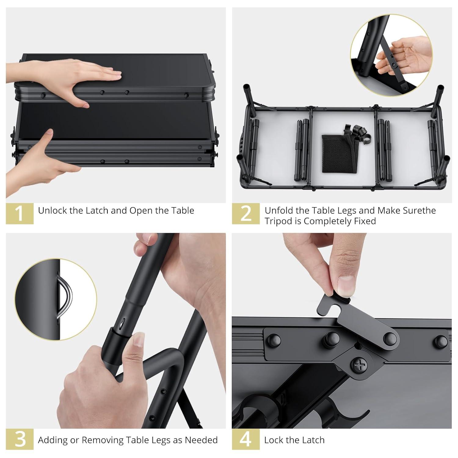 Black Aluminum Folding Camping Table with Adjustable Heights and Storage Net