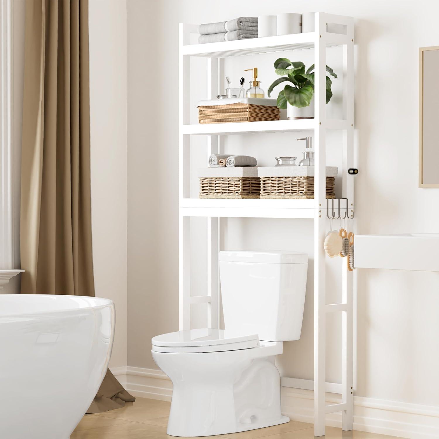 White Adjustable Bamboo 3-Tier Over-the-Toilet Storage Shelf