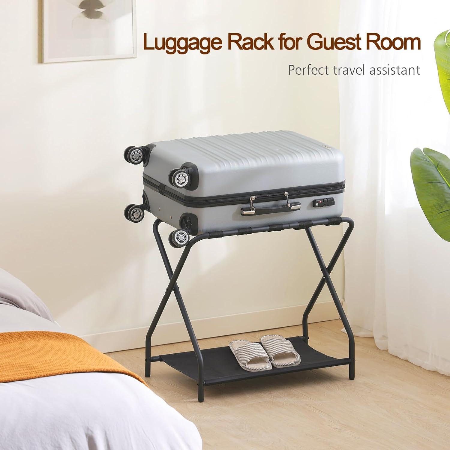 MEBROT Set Of 2, Foldable Suitcase Stands For Guest Room, Metal Luggage Holder With Storage Shelf For Bedroom, Hotel, Easy Assemble