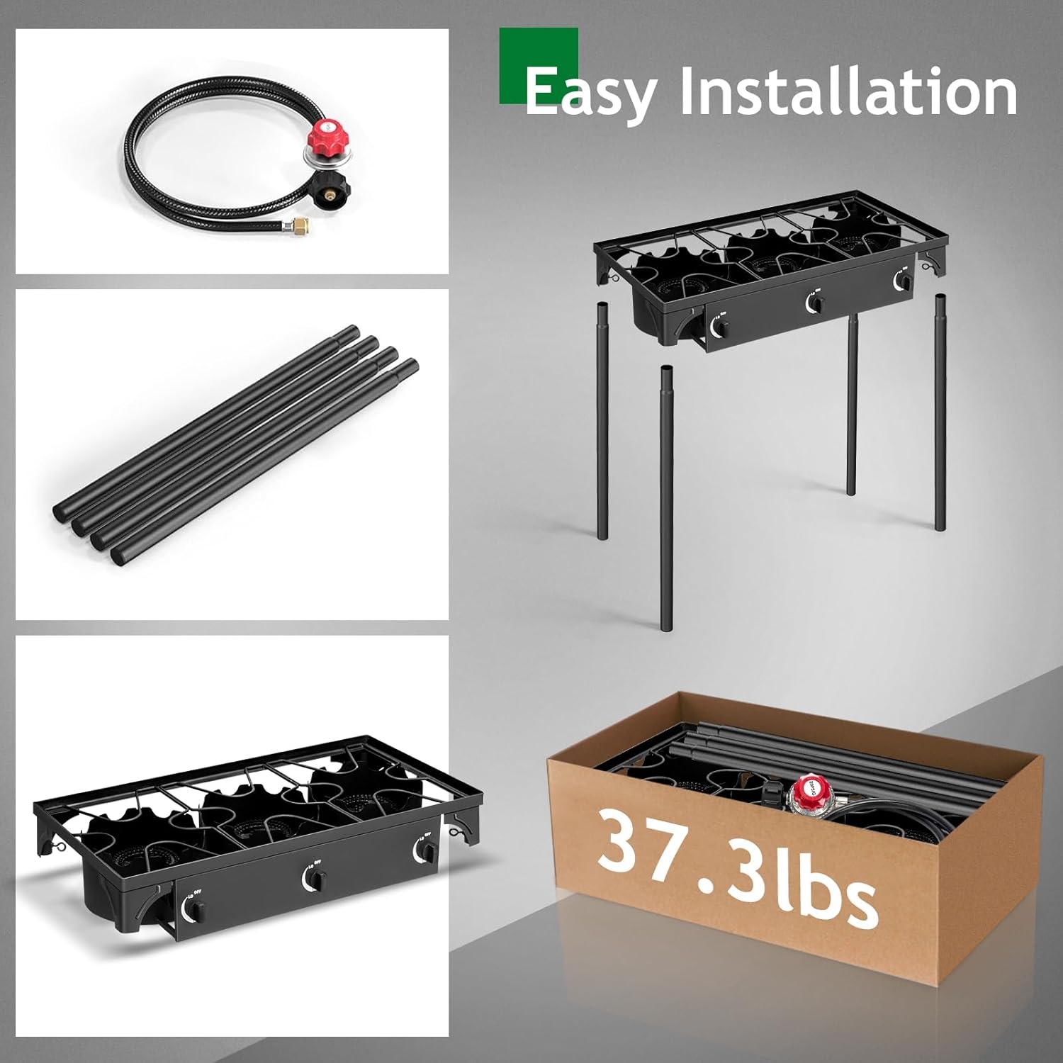 GVDV 3-Burner Propane Camping Stove, Gas Stove for Outdoor Cooking BBQ, 225,000 -BTU, 20 PSI Regulator, High Pressure, Heavy Duty, Black