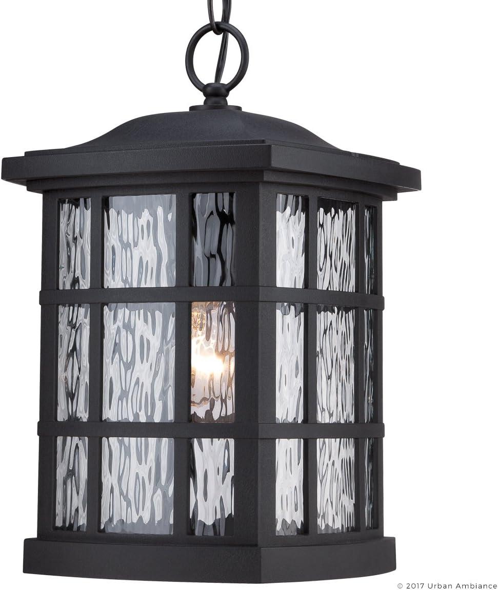 Urban Ambiance Luxury Craftsman Outdoor Pendant Light, Medium Size: 15"H x 9.5"W, with Tudor Style Elements, Highly-Detailed Design, High-End Black Silk Finish and Water Glass, UQL1250