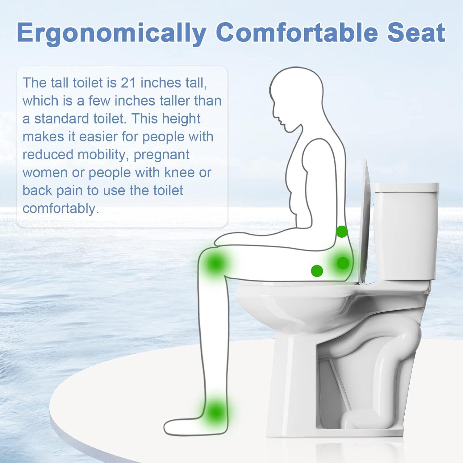 High Toilets For Seniors 21 Inch | 1.28gpf Single Flush Two-piece Extra Tall Toilets | Tall Toilet For Bathrooms Comfort Height Elongated, 12inch Rough-in Extra High Toilet For Tall People, Disabled