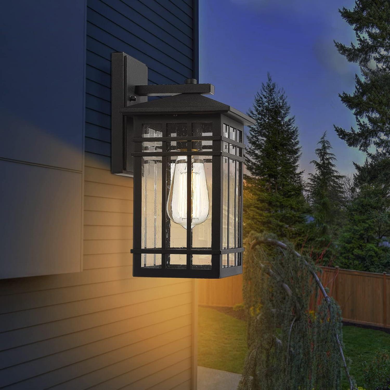 Black Modern Outdoor Wall Lanterns with Tempered Glass Shade, 9.76''