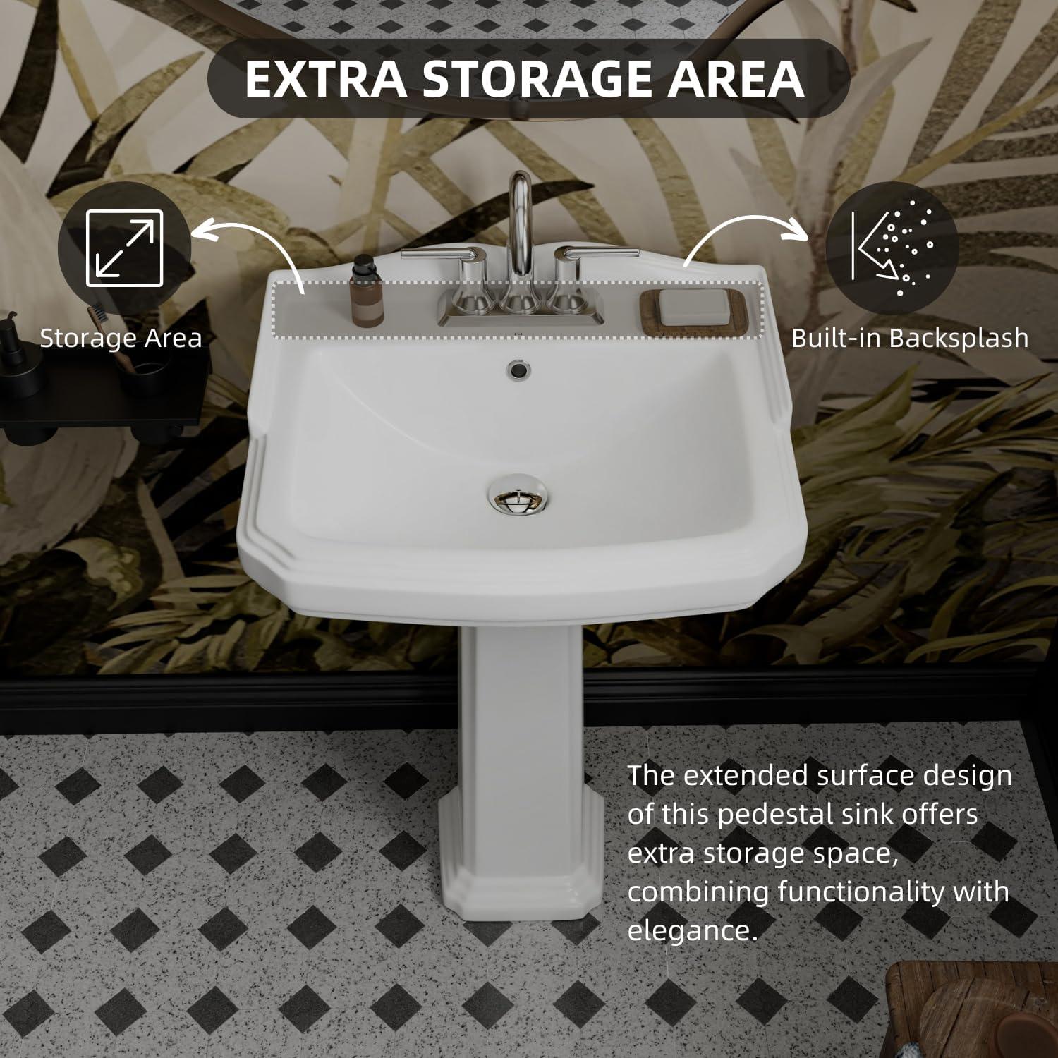 Classic Vintage Bathroom Pedestal Sink, Los Flexi 23"W x 19"D White Ceramic Freestanding Sinks for bathrooms, Overflow, 3 Pre-Drilled Holes for 4-Inch Faucets, Easy Install