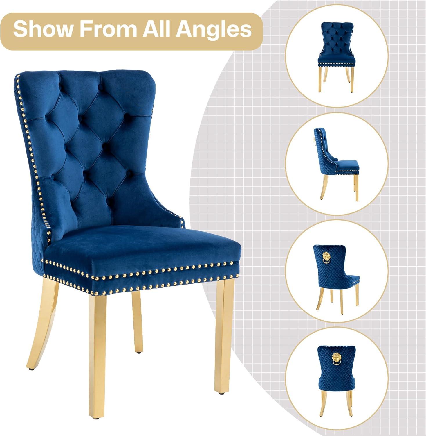 Velvet Upholstered Dining Chairs, Set of 2, Dining Room Tufted Chair, Modern Button Tufted Armless Chairs with Nailhead Trim and Back Ring Pull, Gold Legs, for Dining Room, Kitchen, Navy