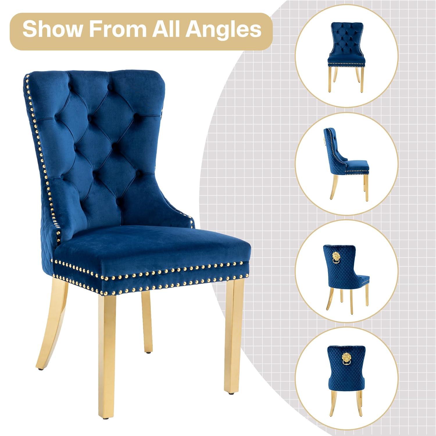 Velvet Upholstered Dining Chairs, Set of 2, Dining Room Tufted Chair, Modern Button Tufted Armless Chairs with Nailhead Trim and Back Ring Pull, Gold Legs, for Dining Room, Kitchen, Navy