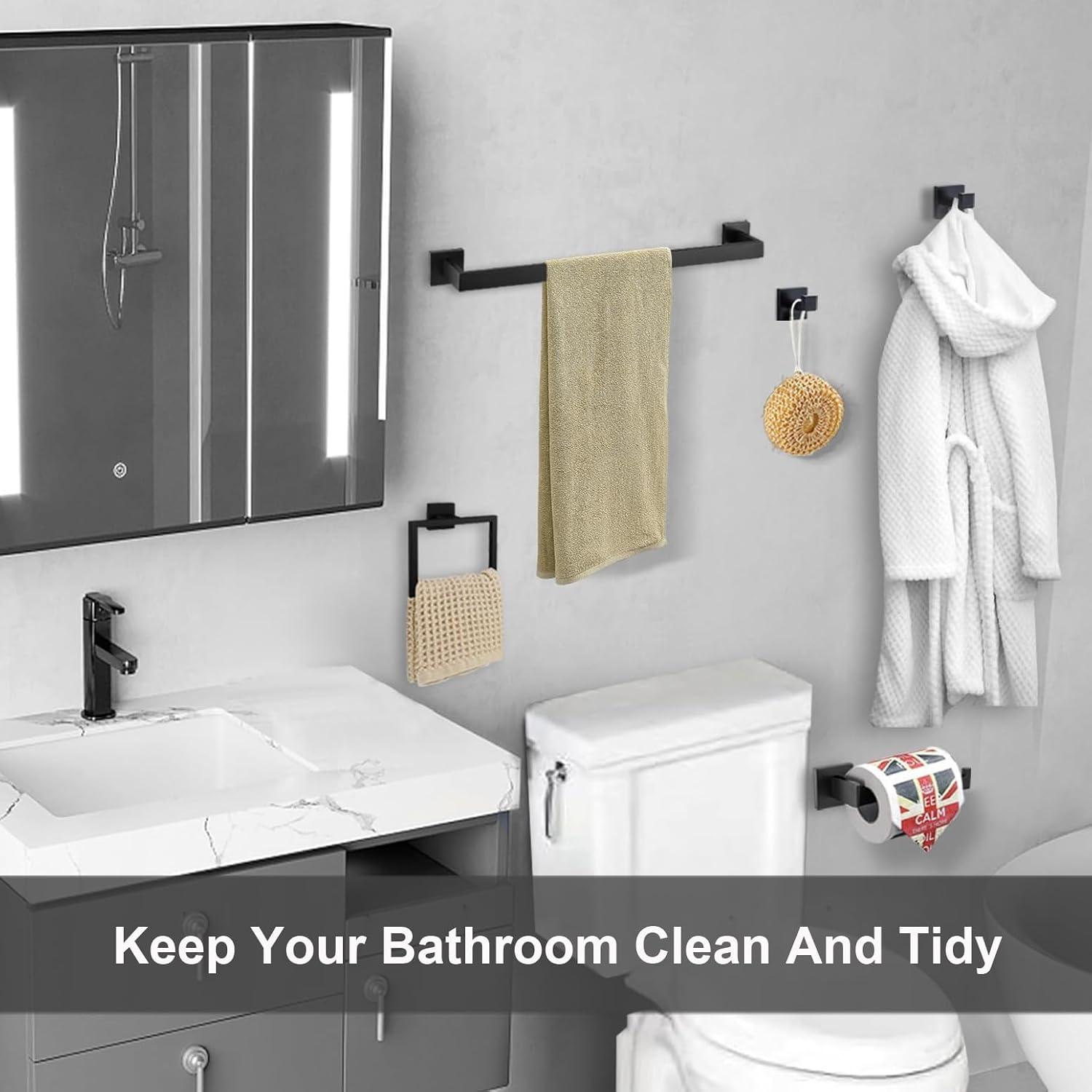 5 Pieces Square Matte Black Stainless Steel Bathroom Accessories Set Include 23.6 in Towel Bar, Toilet Paper Holder, Towel Ring, 2 Robe Towel Hooks