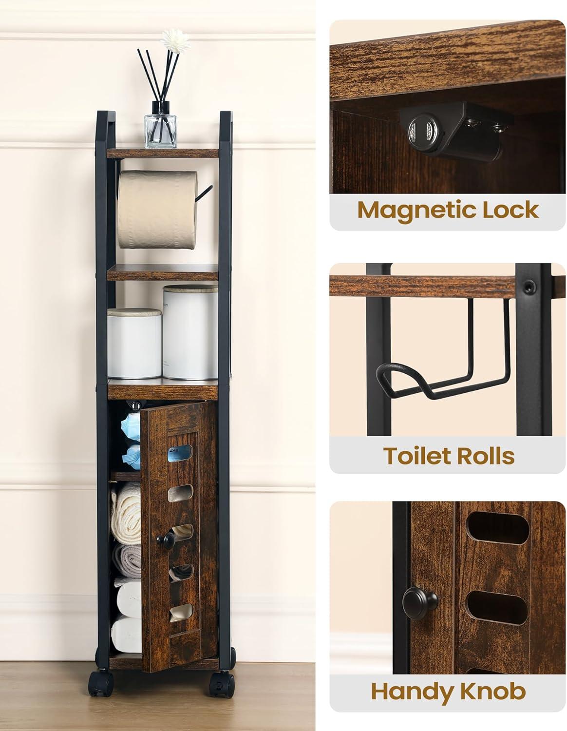 Rustic Brown and Black Bathroom Storage Cabinet with Wheels