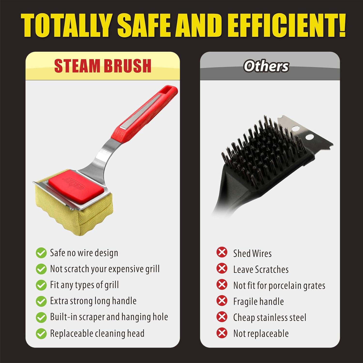 Red Bristle-Free Grill Brush with Scraper and Replaceable Head