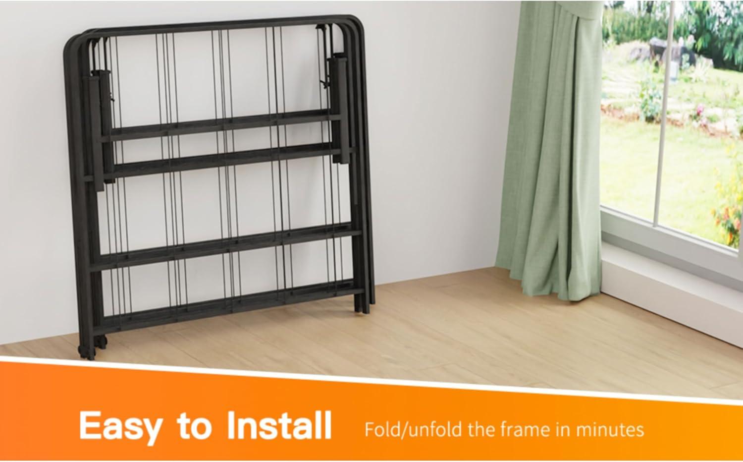 24/7 Shop at Home Aiso 14 Inch Metal Foldable Bed Frame Full Size, No Box Spring Required, Heavy Duty Bedframe with Storage Space Underneath, Sturdy and Non-Slip Slats Platform, Easy Assembly, Black