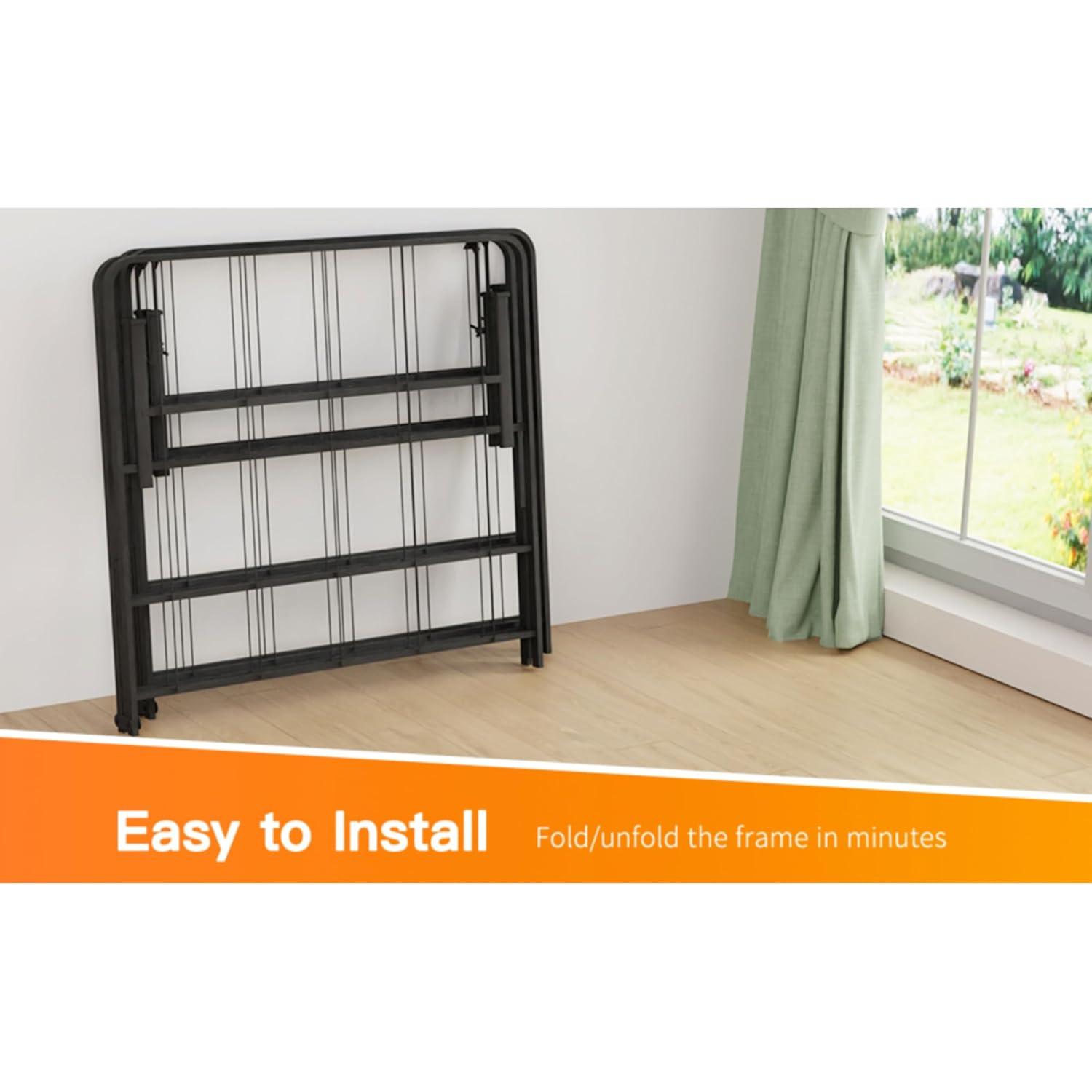 24/7 Shop at Home Aiso 14 Inch Metal Foldable Bed Frame Full Size, No Box Spring Required, Heavy Duty Bedframe with Storage Space Underneath, Sturdy and Non-Slip Slats Platform, Easy Assembly, Black