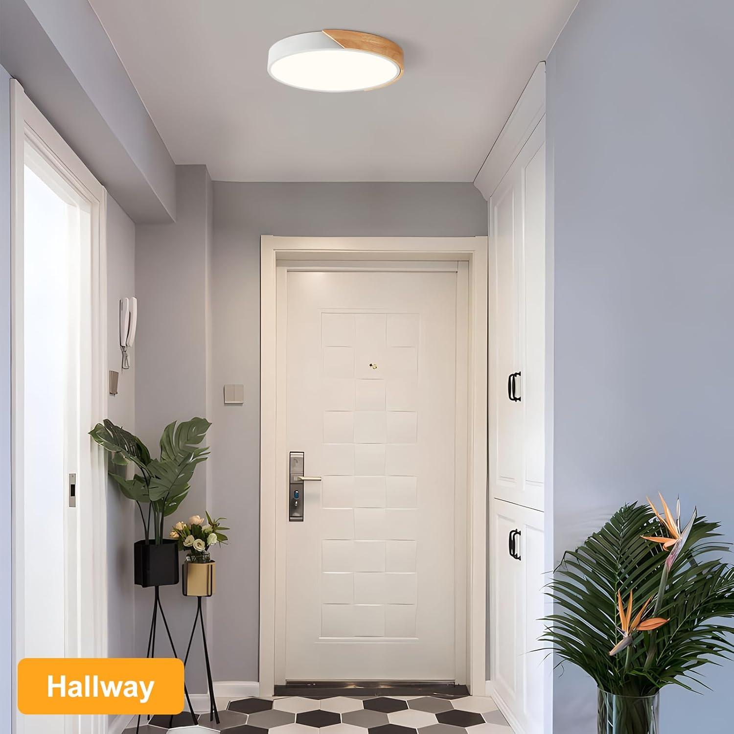 Vikaey Modern LED Ceiling Light, Minimalist Wood Flush Mount Ceiling Light Fixture, 4000K Not Dimmable, Circle Lighting Lamp with Acrylic Lampshade for Bedroom Dining Room Laundry (White, 15.8'')