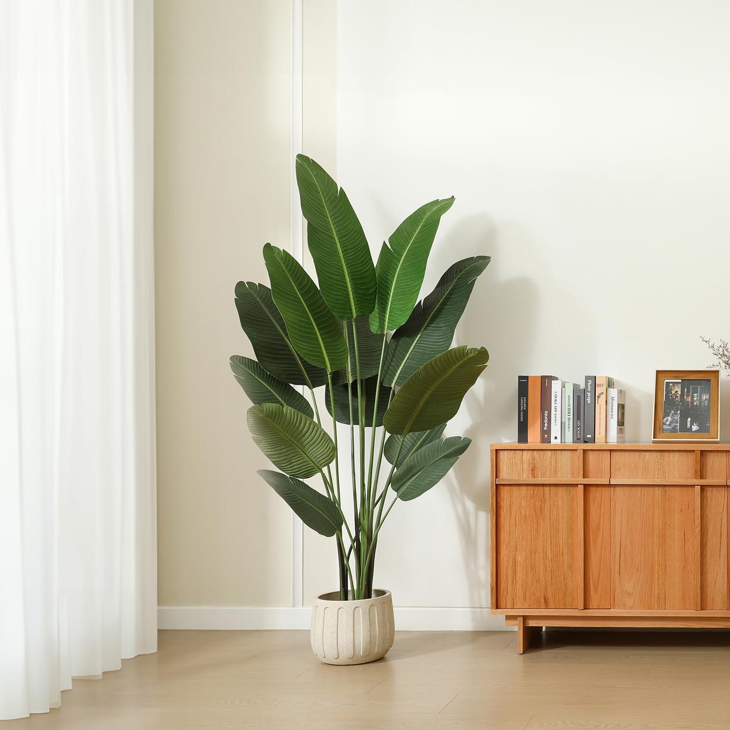 Artificial Bird of Paradise Plants 6 Ft Fake Tropical Palm Tree with 13 Trunks in Pot and Woven Seagrass Belly Basket Perfect Faux Plant for Home Indoor Outdoor Office Modern Decor Green 1Pc…