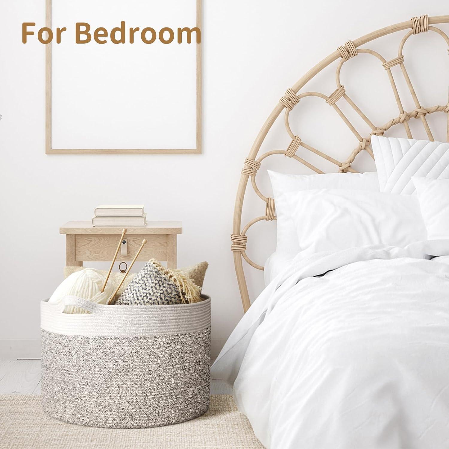 XXL Beige and White Cotton Rope Storage Basket with Handles