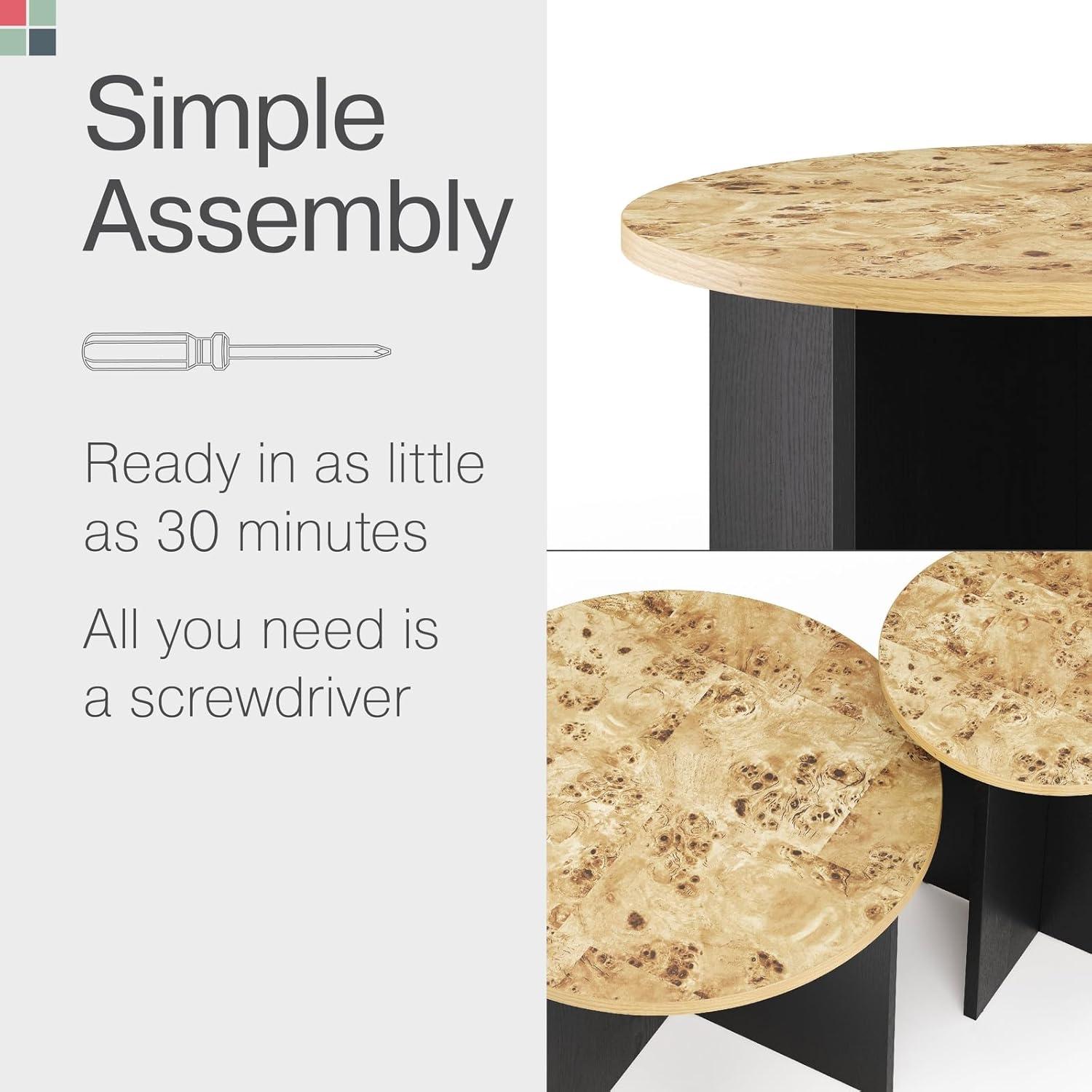Stead Black and Burl Wood Coffee Table - Black and Wood Coffee Table - Round Nesting - 2 Piece Coffee Table Set