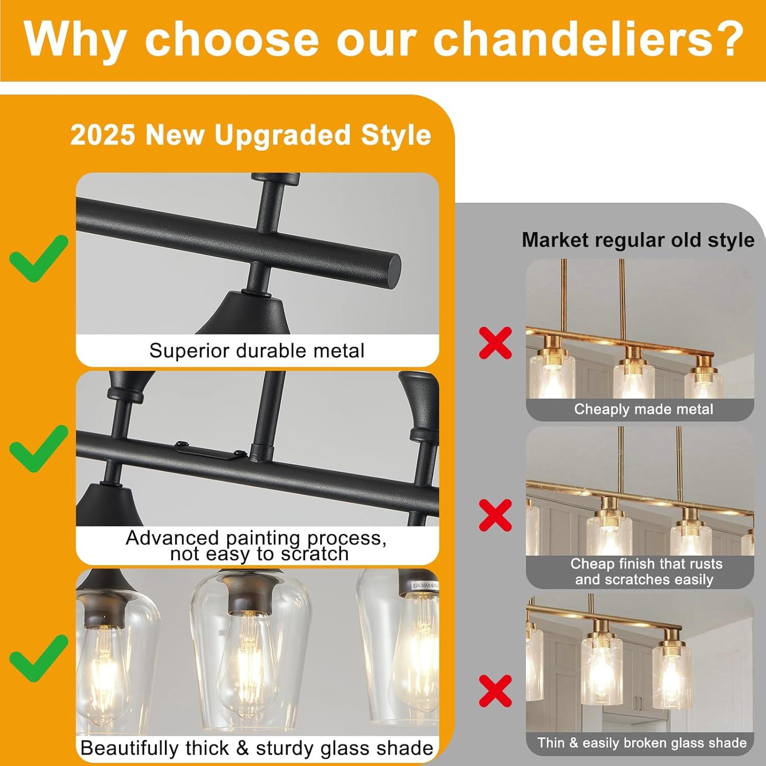 Black Farmhouse Chandelier, 5-Light Island Lights for Kitchen in Metal Finish with Clear Glass Shades, 37" Dining Room Chandelier, Linear Pendant Lighting for Foyer, Bar, Pool Table