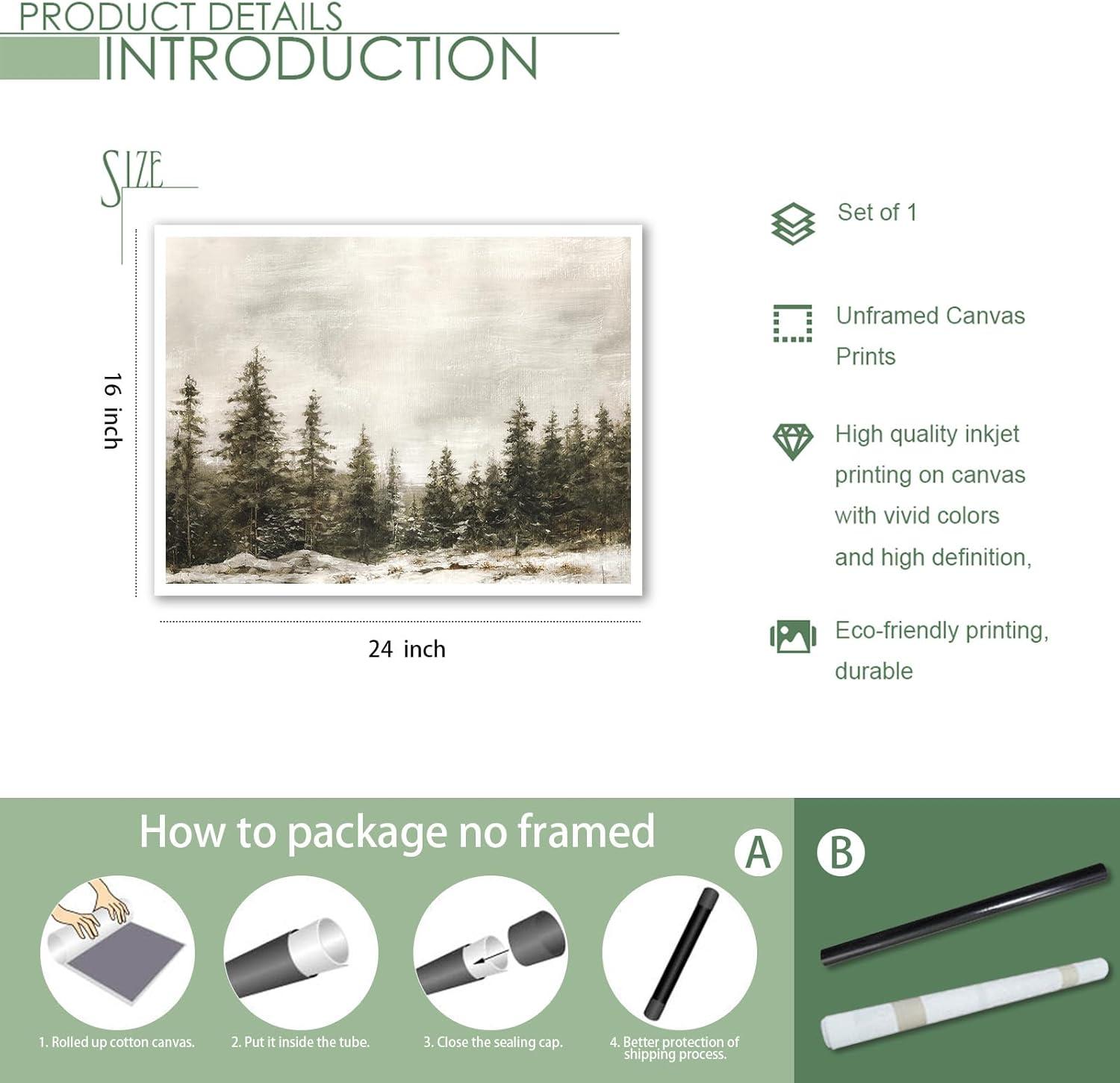 Venphude Winter Pine Forest Landscape Canvas Wall Art, Rustic Christmas Snowy Pine Tree Poster Print, Watercolor Nature Wilderness Wall Decor Artwork for Living Room 16x24in Unframed