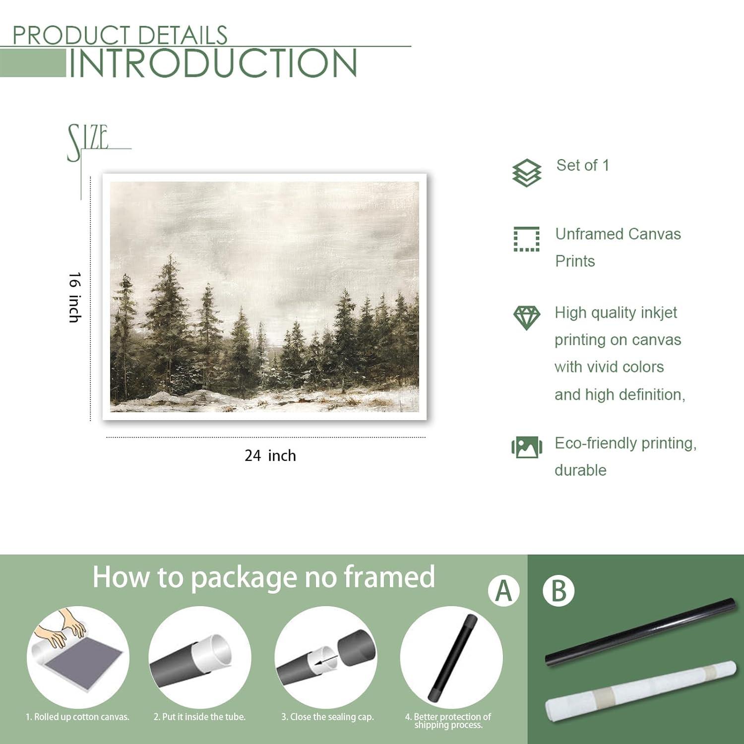 Venphude Winter Pine Forest Landscape Canvas Wall Art, Rustic Christmas Snowy Pine Tree Poster Print, Watercolor Nature Wilderness Wall Decor Artwork for Living Room 16x24in Unframed