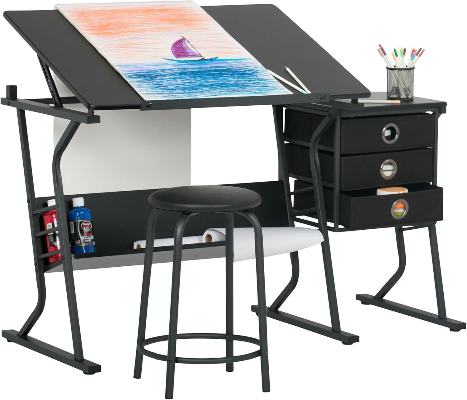 Studio Designs Home 2pc Eclipse Ultra Center/Drawing Table with Angle Adjustable Top, Storage Shelf, and Drawers with Padded Stool Set Black